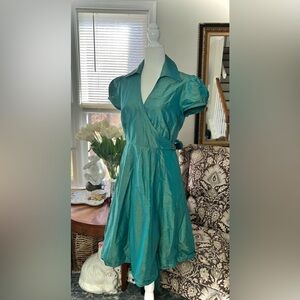 100% Silk BCBG Max Azria Wrap A line taffeta rough silk Teal Dress